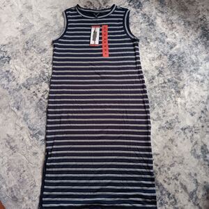 Hilary Radley Navy & Off-white Striped Midi Dress Sleeveless With Side Slits SzM